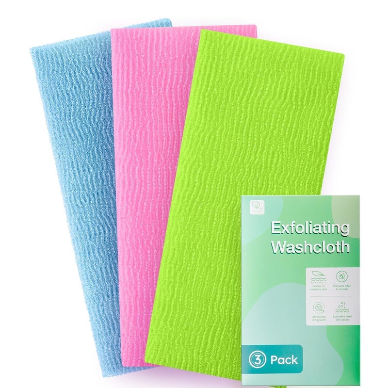 RIUOTA 3 Pieces Exfoliating Washcloth Towel African Net Sponge Japanese Washcloth Exfoliating Sponge Loofah Exfoliating Body for Body Exfoliation(Pink,Blue,Green) - Image 1
